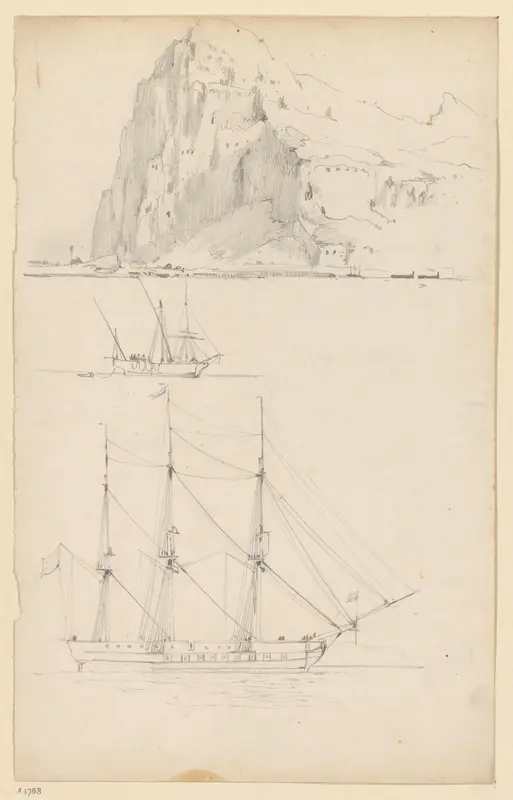 Studies van een hoge rots en twee schepen Wall Art by Willem Anthonie van Deventer - High-Resolution Digital Print