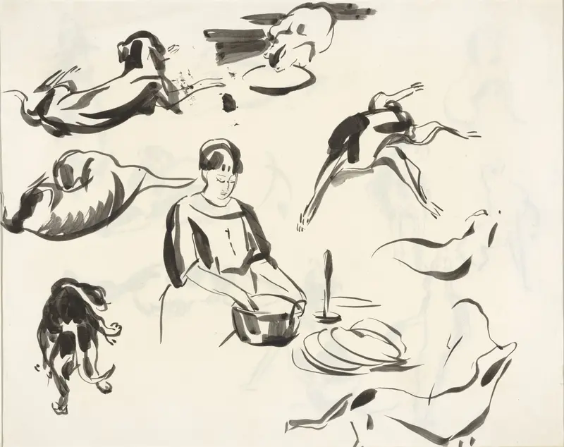 Studies van een hond en een kat en een vrouw staande aan het aanrecht Wall Art by Rik Wouters - High-Resolution Digital Print