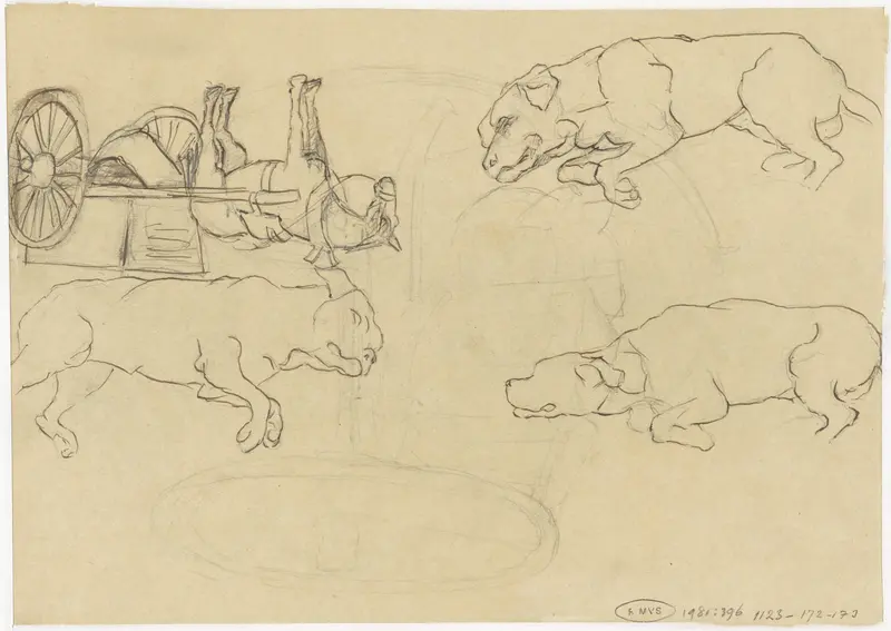 Studies van een hond en paard met kar