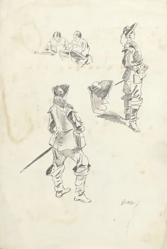 Studies van een soldaat en een man zittend achter een tafel Wall Art by Pieter van Loon - High-Resolution Digital Print