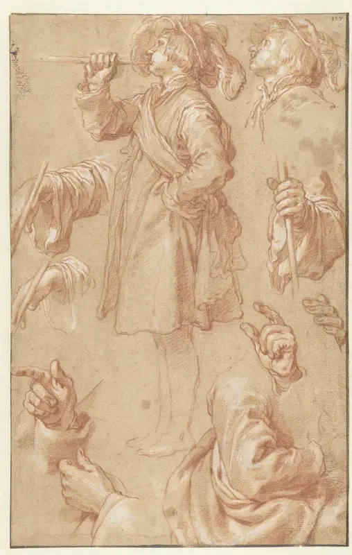 Studies van een staande trompetter en studies van handen en armen Wall Art by Abraham Bloemaert - High-Resolution Digital Print