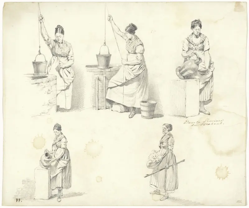 Studies van een vrouw die water uit een put haalt en een kruik uitschenkt Wall Art by Pieter van Loon - High-Resolution Digital Print