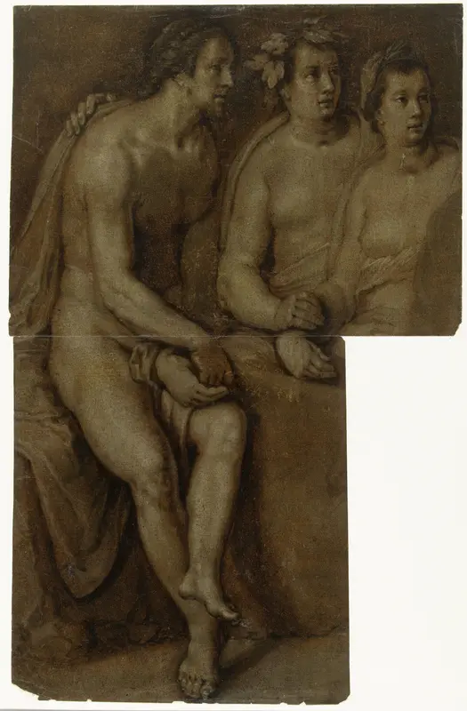 Studies van een zittende naakte man en twee vrouwen, ten halven lijve Wall Art by Cornelis Cornelisz. van Haarlem - High-Resolution Digital Print