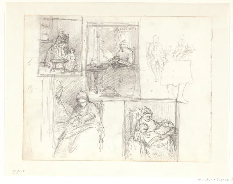 Studies van een zittende vrouw met een kind en spelende kinderen Wall Art by Hendrik Valkenburg - High-Resolution Digital Print