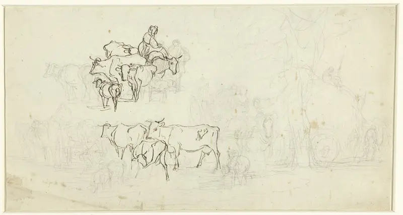 Studies van groepen runderen, een boerenkar en een hooiwagen Wall Art by Jean Louis Demarne - High-Resolution Digital Print