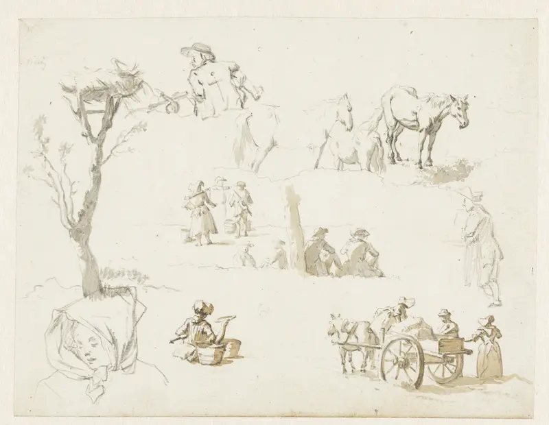 Studies van landlieden, paarden en een ooievaarsnest Wall Art by Pieter Bartholomeusz. Barbiers - High-Resolution Digital Print