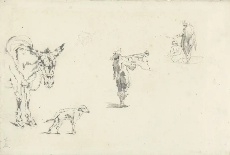 Studies van onder andere een ezel, een hond en een trompetter Wall Art by Gerard Bilders - High-Resolution Digital Print