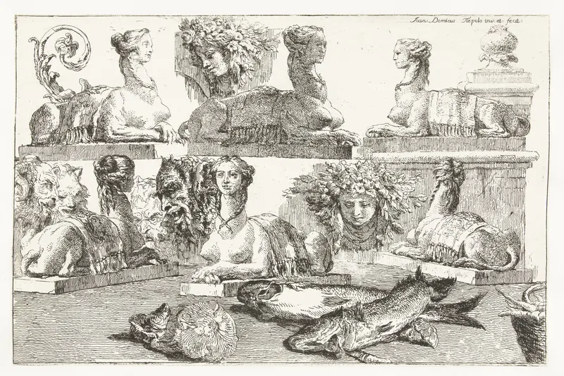 Studies van sfinxen en vissen en hoofden van saters en Flora Wall Art by Unknown - High-Resolution Digital Print