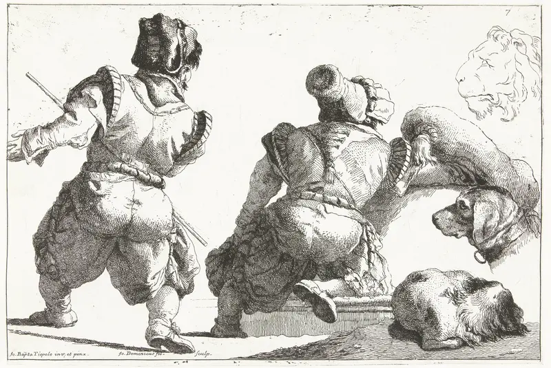 Studies van twee mensen, twee honden en een kop van een leeuw Wall Art by Unknown - High-Resolution Digital Print