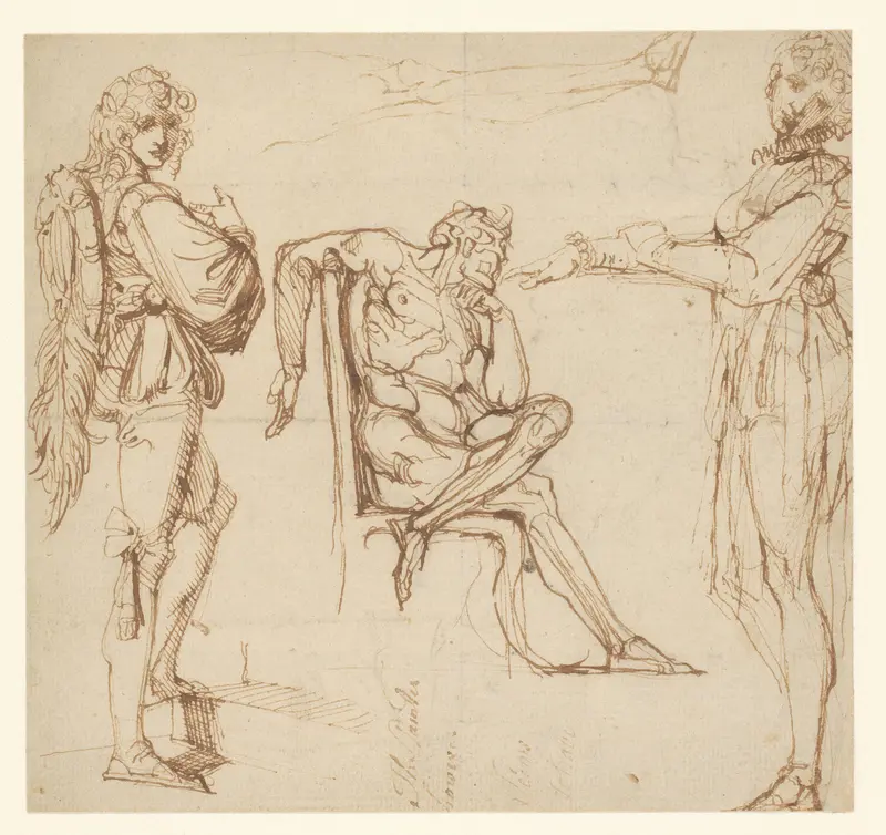 Studies van twee staande figuren, een zittende man en een been Wall Art by Johann Heinrich Füssli - High-Resolution Digital Print