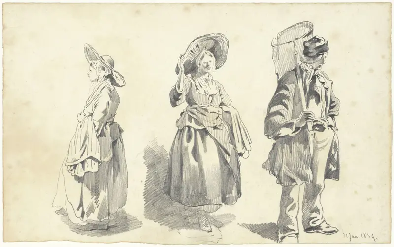 Studies van vrouw met grote hoed en staande visser Wall Art by Pieter van Loon - High-Resolution Digital Print