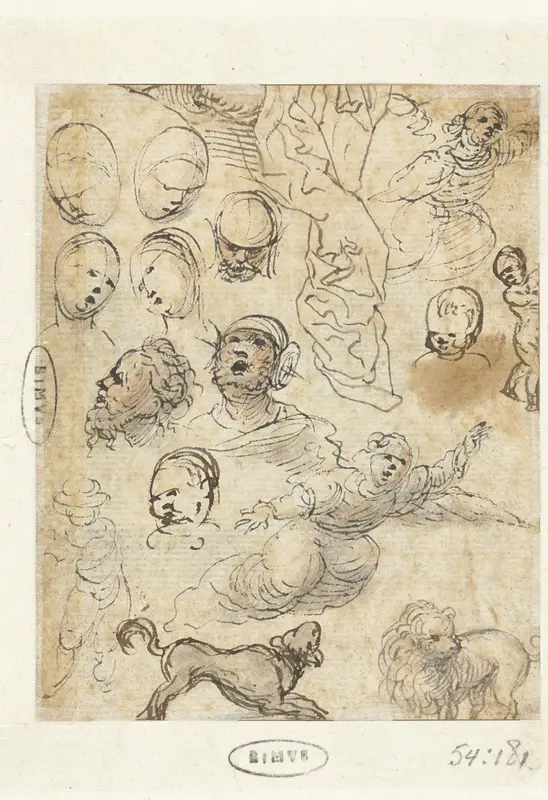 Studies van zwevende engelen, honden en hoofden van mannen en vrouwen Wall Art by anonymous - High-Resolution Digital Print