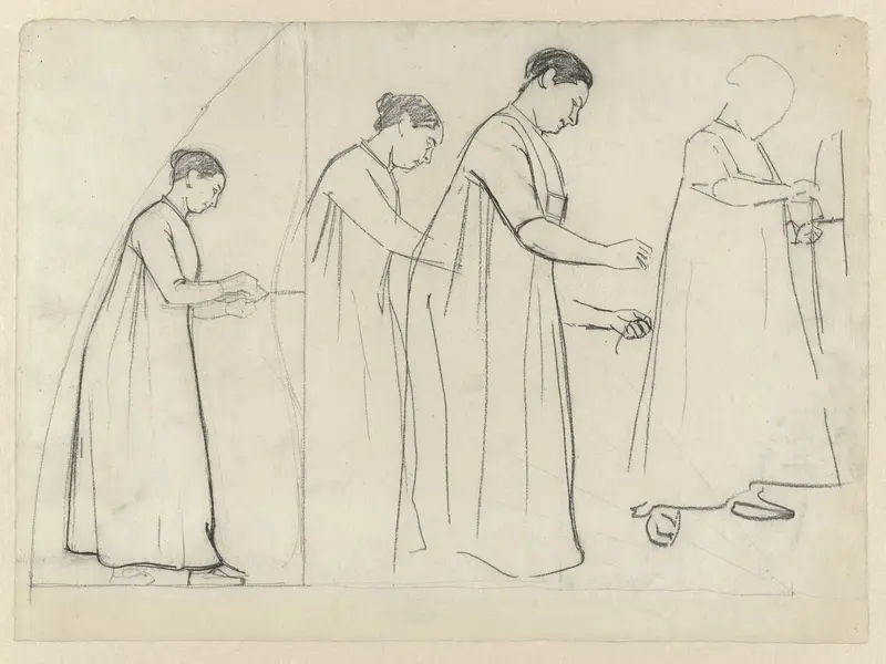 Studies voor kalender van 1901: staande vrouw die een plant opbindt Wall Art by Gerrit Willem Dijsselhof - High-Resolution Digital Print