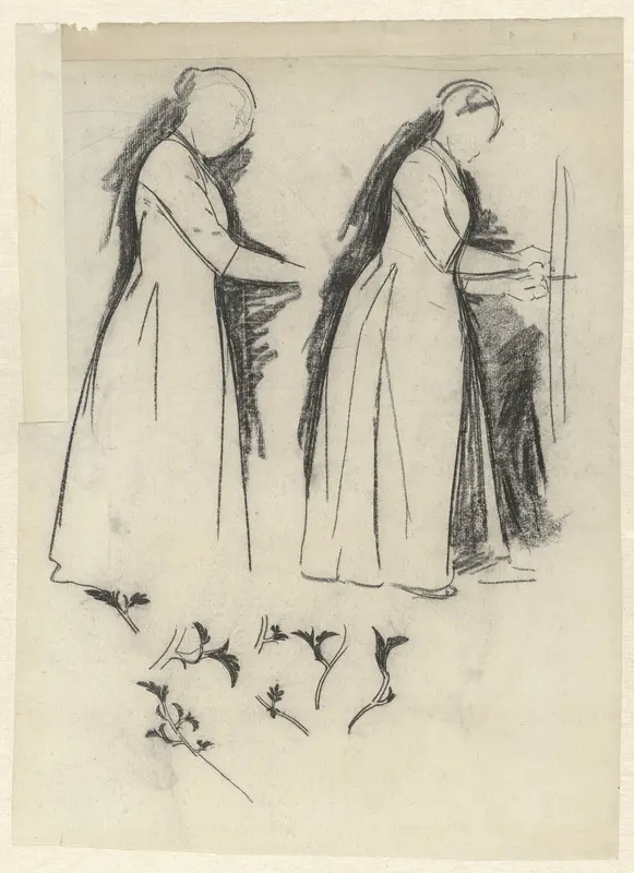Studies voor kalender van 1901: tuinierende vrouw en studies van bladeren Wall Art by Gerrit Willem Dijsselhof - High-Resolution Digital Print