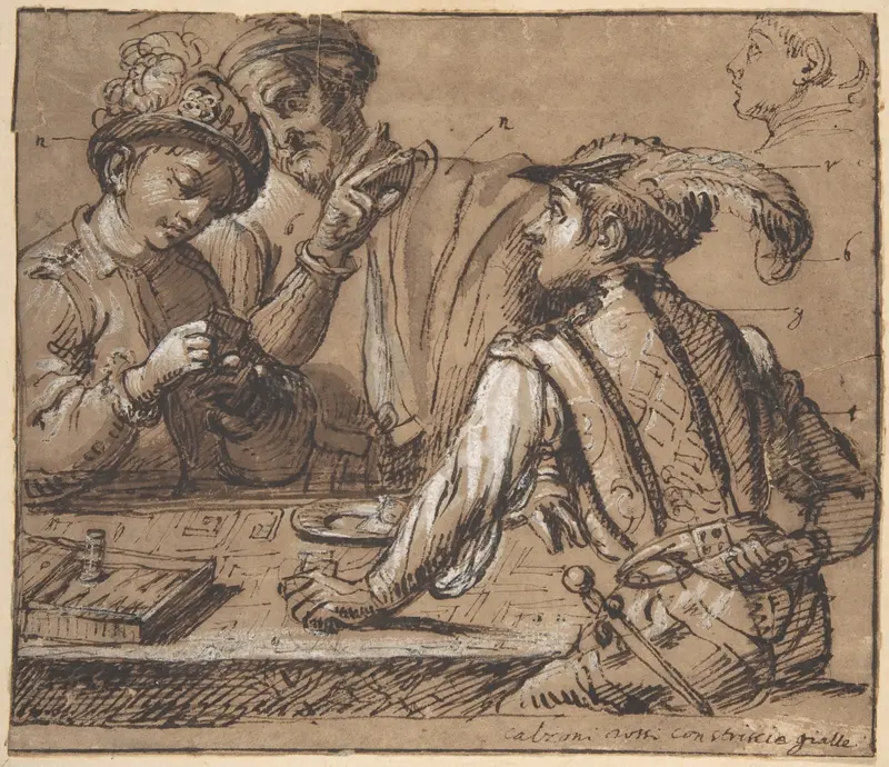 Study after Caravaggio's 'The Cardsharps' with color notes Wall Art by Anonymous, Italian - High-Resolution Digital Print