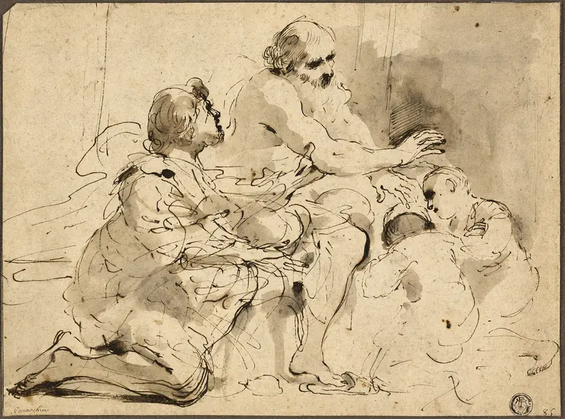 Study for Jacob Blessing the Sons of Joseph (recto); Sketches: Saint Christopher; Two Figures in Conversation over Money (verso) Wall Art by Guercino - High-Resolution Digital Print