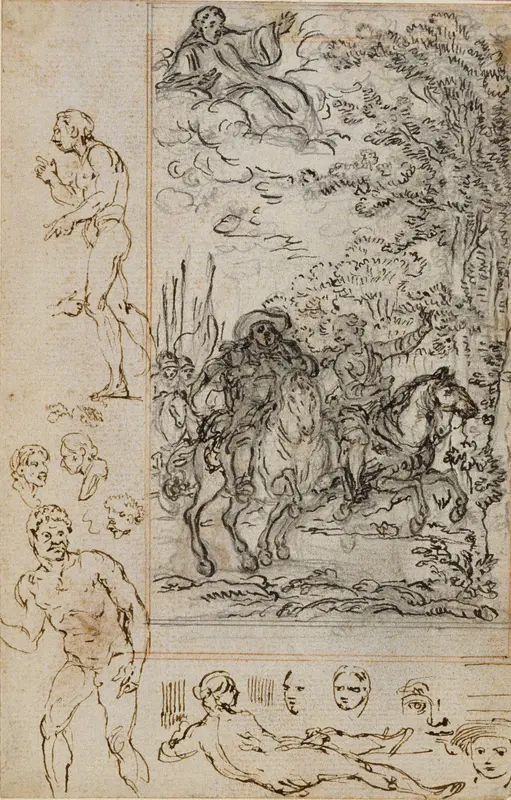 Study for Vignette in Voltaire's "La Pucelle d'Orleans", with Sketches of Heads and Nude Figures Wall Art by Hubert François Gravelot - High-Resolution Digital Print