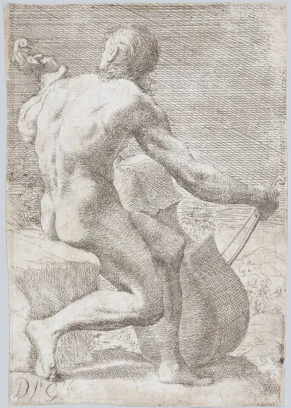 Study from behind of a naked man playing a cello, from "Principios para estudiar el Nobilísimo y Real arte de la Pintura" Wall Art by José García Hidalgo - High-Resolution Digital Print