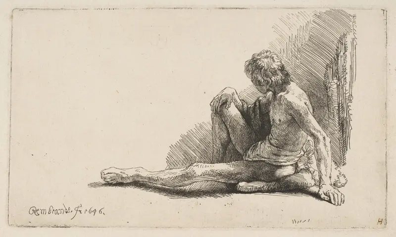Study from the Nude: Man Seated on Ground, with One Leg Extended Wall Art by Rembrandt (Rembrandt van Rijn) - High-Resolution Digital Print