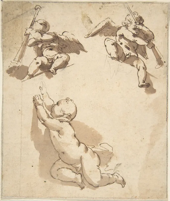 Study of a Child and Two Angels Holding Trumpets Wall Art by Anonymous, Spanish, School of Seville, 17th century - High-Resolution Digital Print