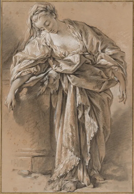 Study of a Draped Woman Leaning on a Pedestal Wall Art by François Boucher - High-Resolution Digital Print