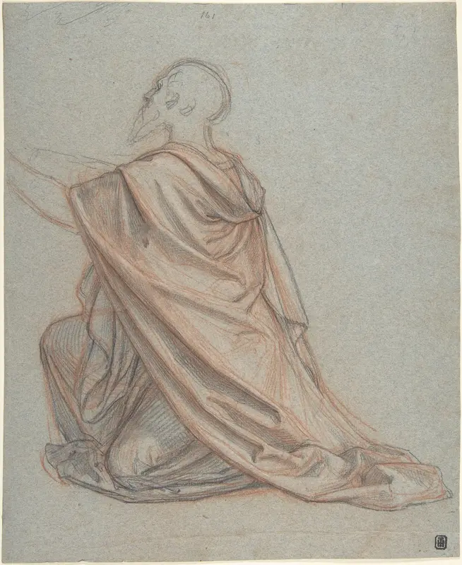 Study of a Kneeling Man; verso: Cropped Study of a Standing Man in a Cloak Wall Art by Ludwig Ferdinand Schnorr von Carolsfeld - High-Resolution Digital Print