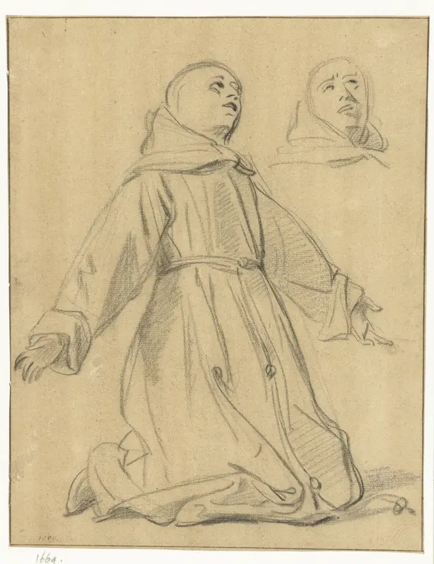 Study of a Kneeling Monk in Extasy, with Alternative Study of his Head Wall Art by Unknown - High-Resolution Digital Print