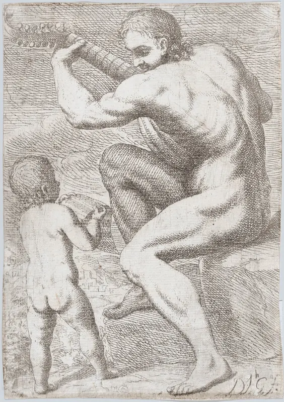 Study of a naked man playing a vihuela, a child holding a sheet of music at the left, from "Principios para estudiar el Nobilísimo y Real arte de la Pintura" Wall Art by José García Hidalgo - High-Resolution Digital Print