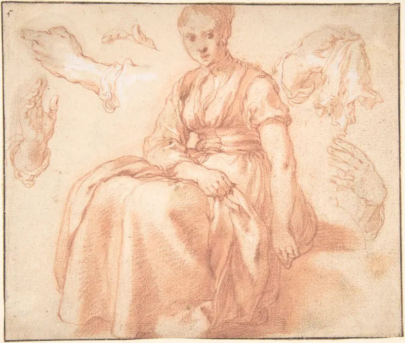 Study of a Seated Woman and Five Studies of Hands; Verso: Landscape with a Road and a Tree to the Right Wall Art by Abraham Bloemaert - High-Resolution Digital Print