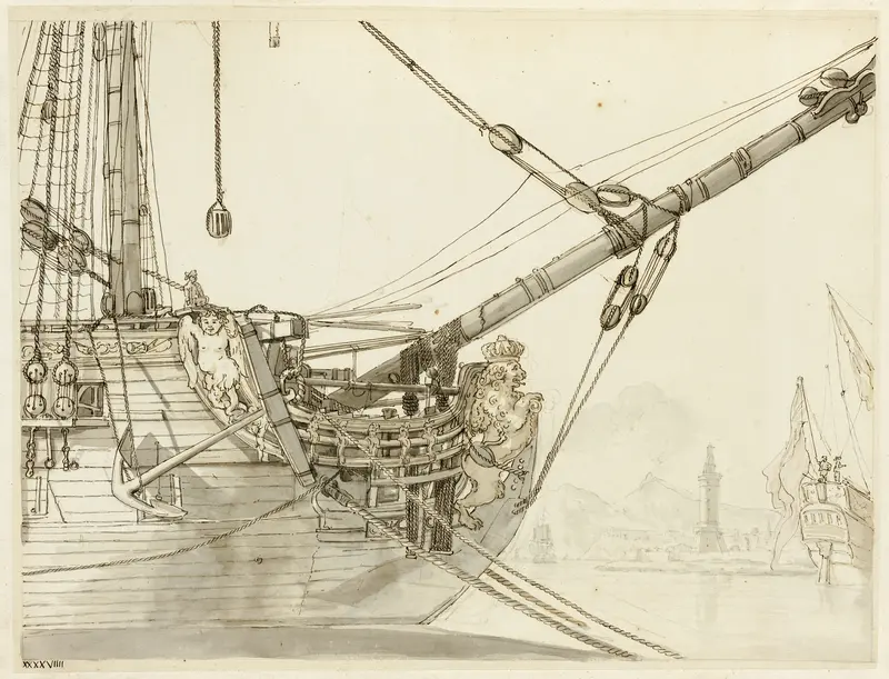 Study of a Warship's Prow with British Warships and Naples Harbor Beyond Wall Art by Claude Joseph Vernet - High-Resolution Digital Print