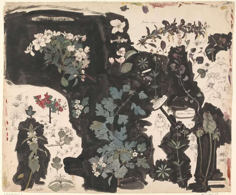 Study of Apple Blossom, Dead Nettle, Mayflower, and Ground Ivy Wall Art by Theo Nieuwenhuis - High-Resolution Digital Print