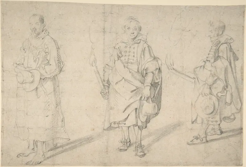 Study of Figures: an Old Man Holding a Hat and Facing Forwards, and a Young Man Holding a Torch and a Hat, seen from both the Front and Left Sides; Verso: Study of a Head Wall Art by Antoine Sallaert - High-Resolution Digital Print