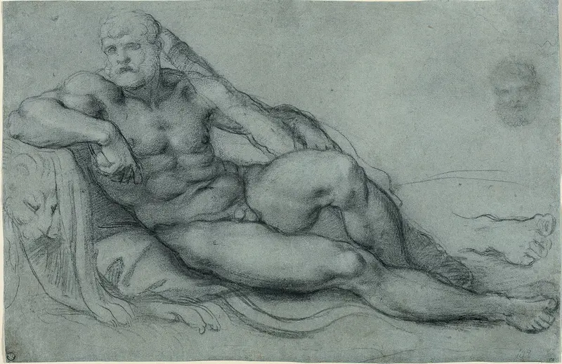 Study of Hercules Resting, with Separate Studies of His Head and Foot (recto); Rectangular grid design (verso) Wall Art by Annibale Carracci - High-Resolution Digital Print