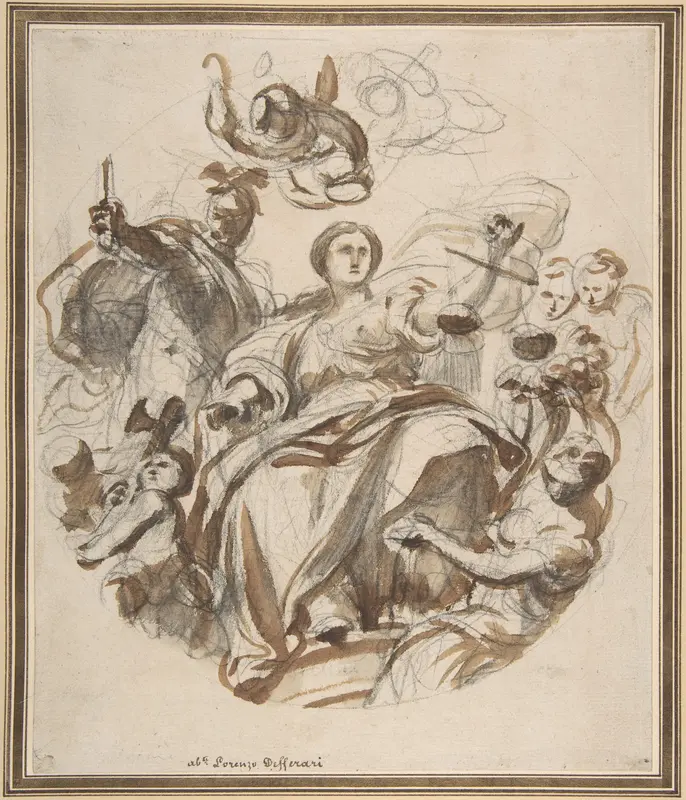 Study of Justice Dispensing Rewards to the Arts (recto); Study of a Lunette and Spandrel (verso) Wall Art by Lorenzo de' Ferrari - High-Resolution Digital Print