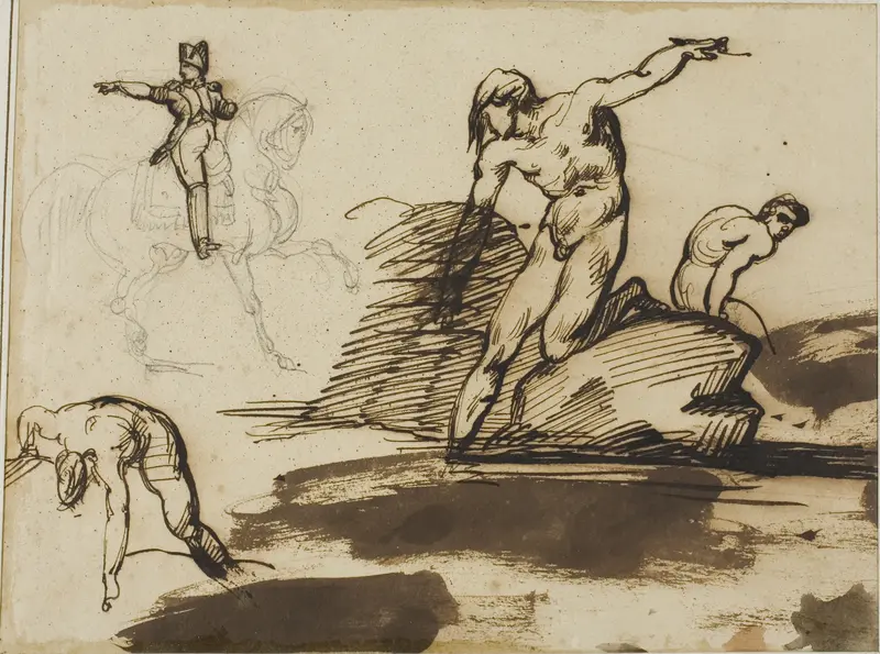 Study of Napoleon on Horseback with Sketches of Nudes Among Rocks