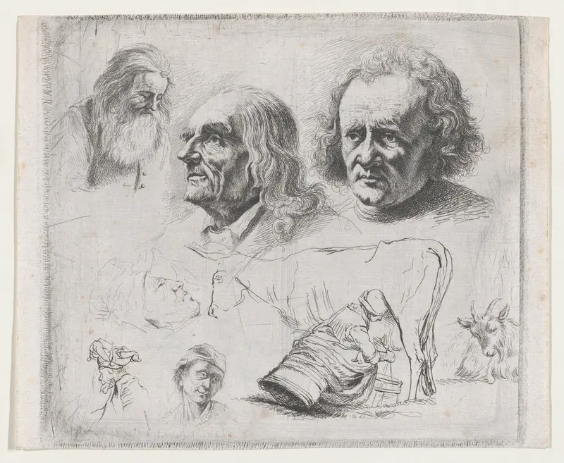 Study of Six Heads and a Milkmaid Wall Art by Chevalier Ignace Joseph de Claussin - High-Resolution Digital Print