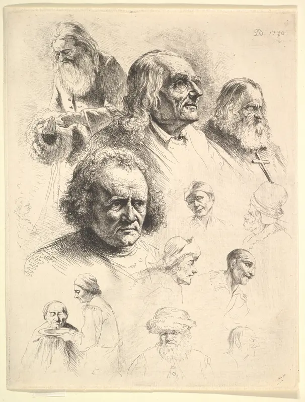Study of Thirteen Heads Wall Art by Jean Jacques de Boissieu - High-Resolution Digital Print