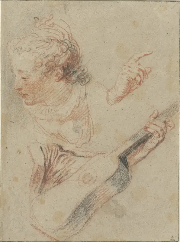 Study Sheet with a Girl’s Head, a Hand, and an Arm Holding a Guitar Wall Art by Jean Antoine Watteau - High-Resolution Digital Print
