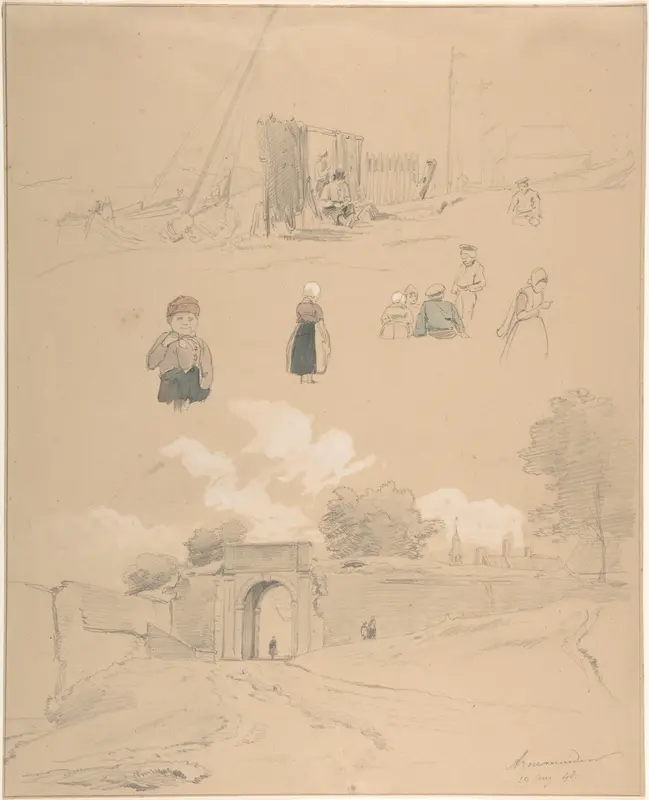 Study Sheet with Figures and Landscapes at Arnemuiden (near Middelburg, The Netherlands) Wall Art by Pierre Louis Dubourcq - High-Resolution Digital Print