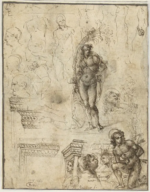Study Sheet with Heads, Figures and Architectural Fragments Wall Art by Unknown - High-Resolution Digital Print