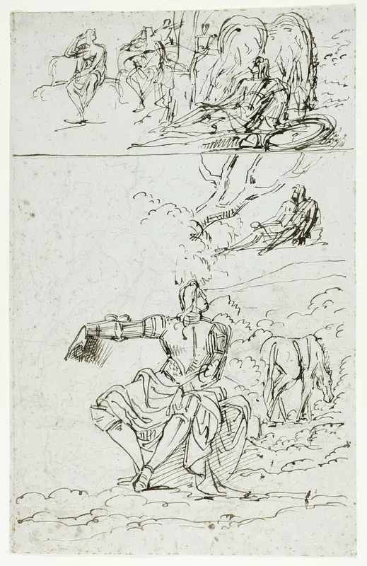 Study Sheet with Seated Knight (recto); Standing Male Figure in Medieval Dress (verso) Wall Art by Unknown - High-Resolution Digital Print