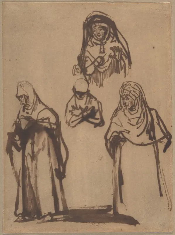 Study Sheet with Three Women and a Boy Wall Art by Rembrandt (Rembrandt van Rijn) - High-Resolution Digital Print