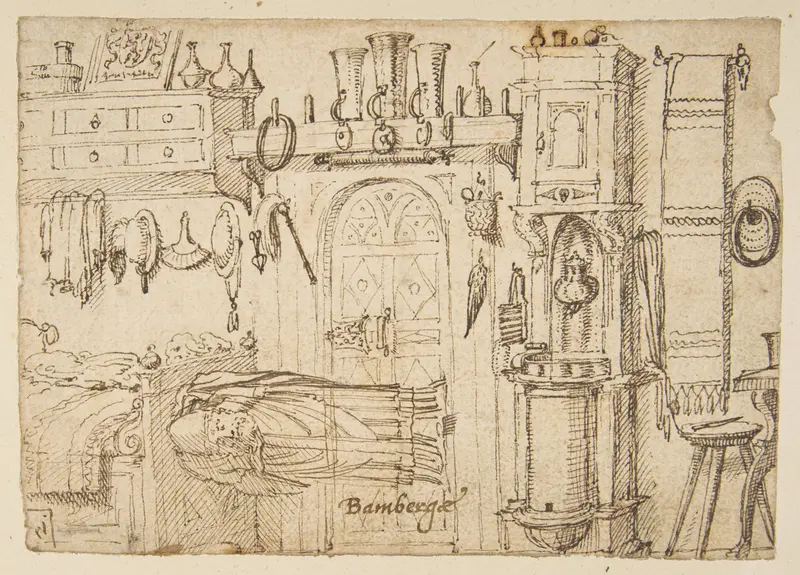 Study sheets with sketches of interiors, animals, sculpture, figures, notes Wall Art by Anonymous, German, 16th century - High-Resolution Digital Print