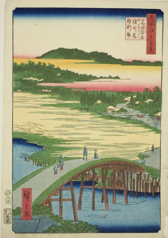 Sugatami Bridge, Omokage Bridge and the Gravel Pit at Takata (Takata Sugataminohashi Omokagenohashi jariba), from the series "One Hundred Famous Views of Edo (Meisho Edo hyakkei)"