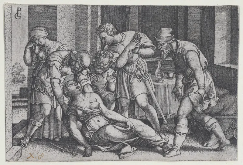 Suicide of Lucretia, from "Scenes from Roman History" Wall Art by Georg Pencz - High-Resolution Digital Print