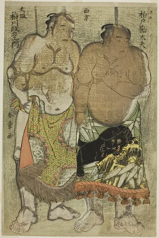 Sumo Wrestlers of the Western Group: (right) Kashiwado Kandayu from Edo, (left) and Inagawa Masaemon from Osaka