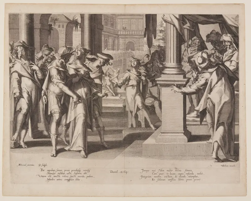 Susanna Before Daniel, plate 3 from Thrones of Justice (Thronus Iustitiae) Wall Art by Willem van Swanenburgh - High-Resolution Digital Print