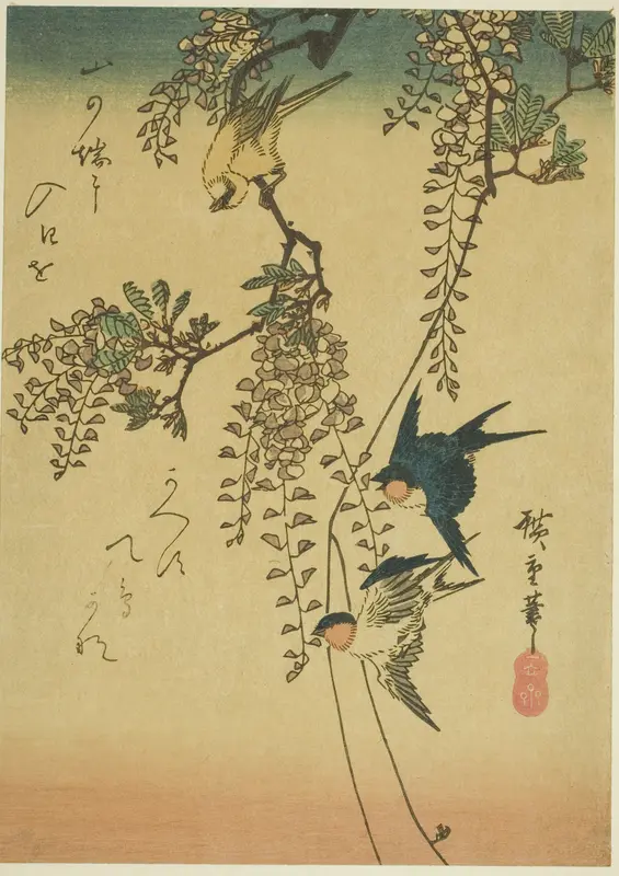 Swallow, yellow bird, and wisteria Wall Art by Utagawa Hiroshige - High-Resolution Digital Print