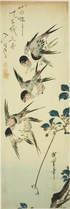 Swallows and flowering branch