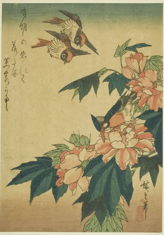 Swallows, kingfisher, and hibiscus